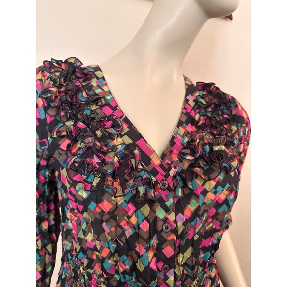 NY Collection Blouse geometric abstract colorful ruffle‎ button mature Macys M - Picture 2 of 9